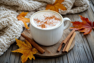 Cozy Pumpkin Spice Latte on Rustic Table Surrounded by Autumn Leaves  