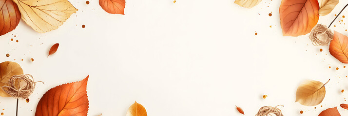 Elegant autumn banner with copy space for text, golden leaves, subtle twine decorations, clean light background. Autumn banner, card, background