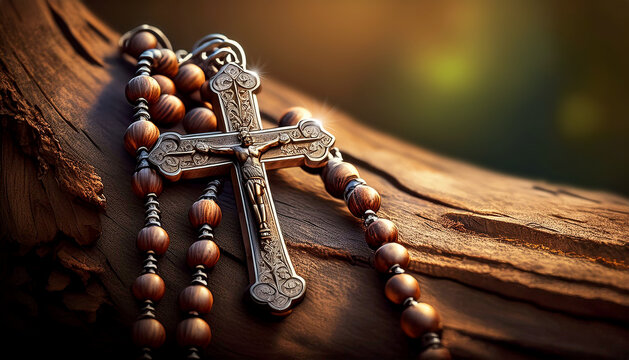 Extreme close-up of a small silver crucifix and a rosary with wooden beads, above a tree trunk section with copy space. Concept of prayer and Christian religion. Generative Ai.