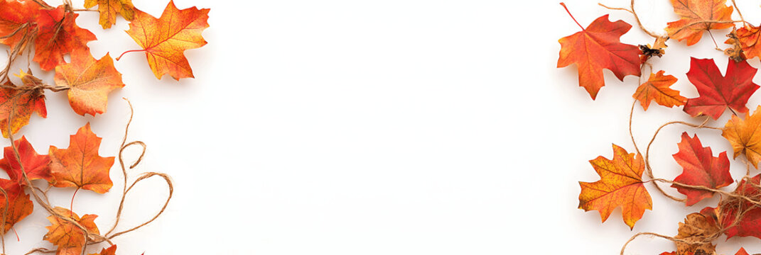 Elegant fall banner with copy space for text, autumn leaves and twine border, clean white background. Fall banner, card, background