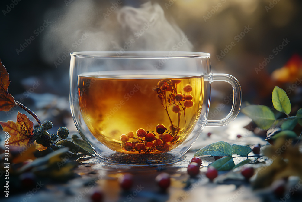 Poster Herbal Tea With Autumn Berries in a Serene Setting  