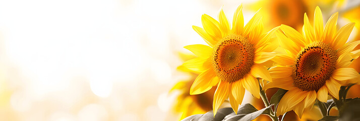 Obraz premium Elegant summer banner with copy space for text, golden sunflowers and soft sunlight, clean white background. Summer banner, card, background