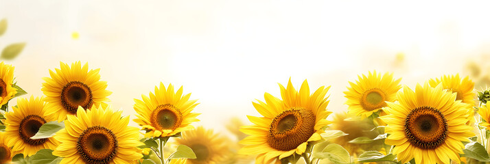 Fototapeta premium Elegant summer holiday banner with copy space for text, golden sunflowers and clear sky, clean white background. Summer holiday banner, card, background