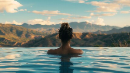 Back view of a female in spa pool with beautiful scenic view