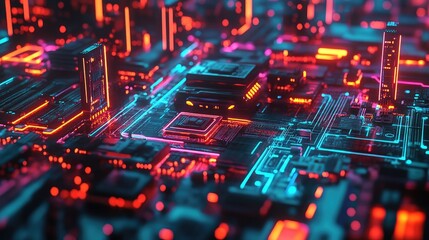 Fototapeta premium Neon-lit circuit boards creating a cityscape