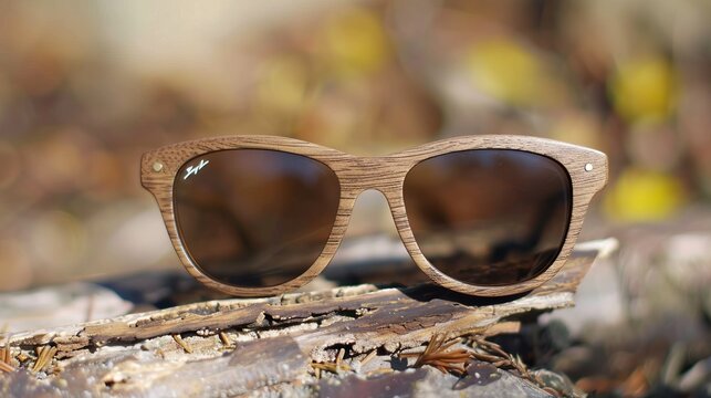 Stylish wooden sunglasses on a driftwood under sunlight.