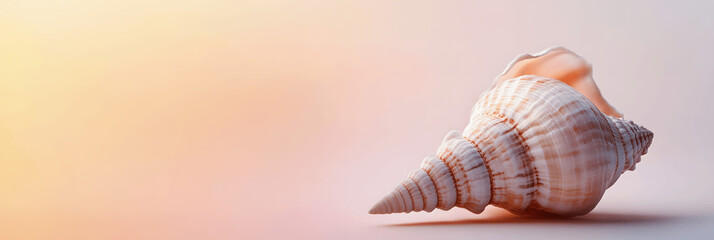 Obraz premium Minimalistic summer holiday banner with seashell, soft gradient background, space for text