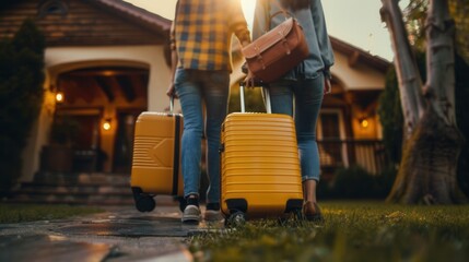 Lovely couple travel together check in vacation house with luggage