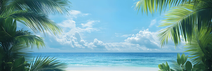 Summer holiday banner with scenic ocean view, clear blue sky and palm trees, copy space in center