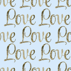 Seamless pattern of Watercolor hand drawn lettering Love. illustration on blue background. Print on t-shirts, bags, cards, banner, poster, card, design, artistic. Handwritten message, Congratulation