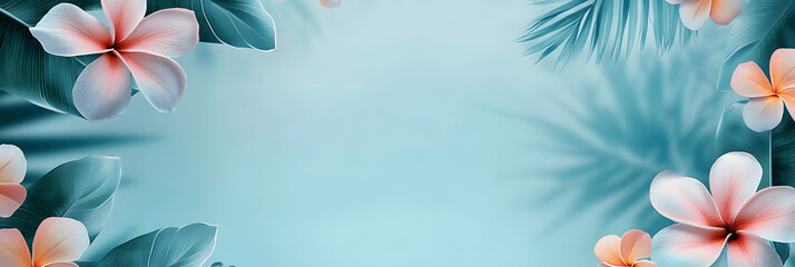 Obraz premium Summer banner with watercolor tropical flowers, light blue background, space for text
