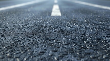 Close-up wet road with white markings and droplets