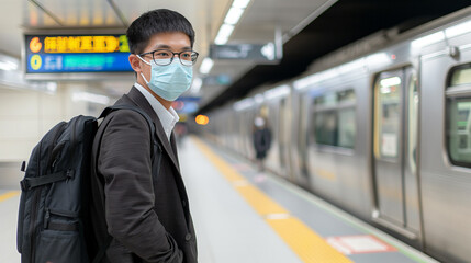 Businessman wearing face mask while standing at subway platform