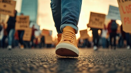 Fototapeta premium A close-up of a yellow sneaker stepping confidently on the pavement during a vibrant protest at sunset.