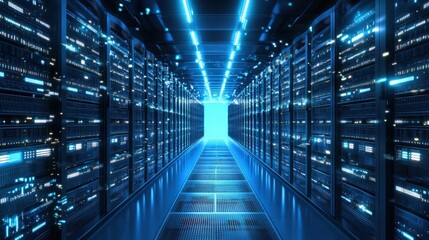 Fototapeta premium Server Room Corridor with Blue Lights.