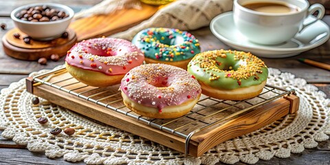 Colorful donuts with sprinkles on lace doily next to wooden handle, coffee mugs on table cloth and wire tray