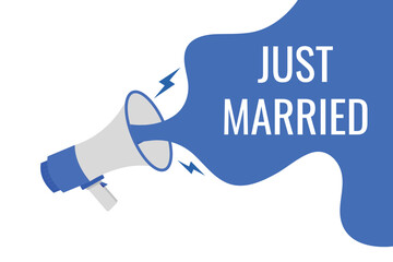 just married button, banner, label, template for website. just married text with colorful megaphone icon
