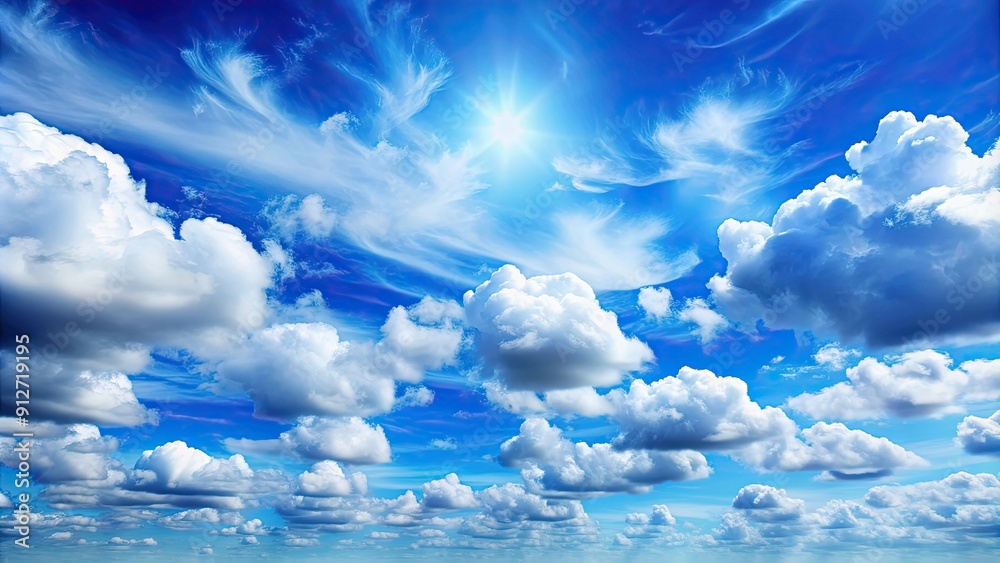 Wall mural Blue sky background with fluffy white clouds , clouds, sunny, clear, nature, peaceful, sky, white, bright, outdoors, beauty