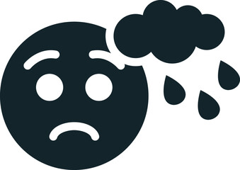 Sad emoticon suffering from depression with raining cloud over his head