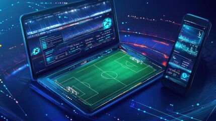 Exciting Online Soccer Betting Experience, Mobile Phone and Laptop Displaying Live Updates and Dynamic Stadium Scene