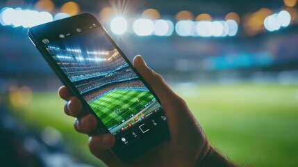 Exciting Online Sports Betting on Smartphone App During Live Soccer Match at Stadium with Blurred Background