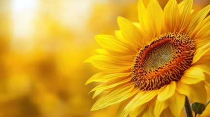 Obraz premium A vibrant sunflower showcasing its radiant yellow petals against a warm, blurred background, symbolizing beauty and joy.