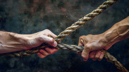 Two men pulling a rope in opposite directions, tug war