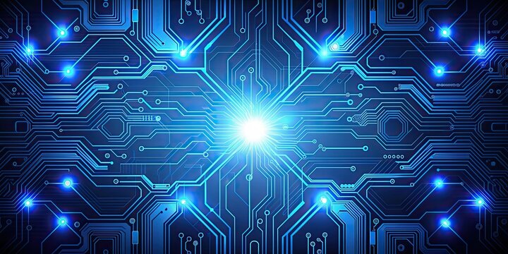Abstract blue circuit board background with glowing elements, technology, electronics, digital, data, network