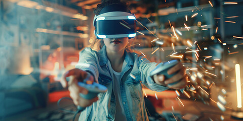 A woman wearing a VR headset is immersed in a virtual world, holding controllers in her hands,. caucasian woman