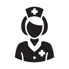 Minimalist silhouette icon of female nurse in uniform on white background. Women nurse with cap