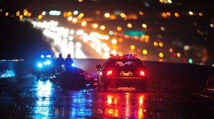 Nighttime Accident Response on Rain-Slicked Highway Overpass - Emergency Services at Work under City Lights Bokeh Effect