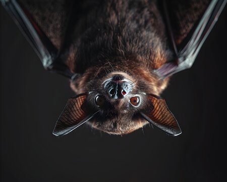 A bat is shown from the side with its head up and looking at the camera
