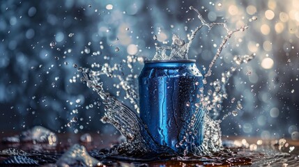 Surreal creative advertising photos, Can Drink, Blue Silver, splash, animation aesthetics, gorgeous colors, strong visual impact, rich details, super high resolution. copy space 