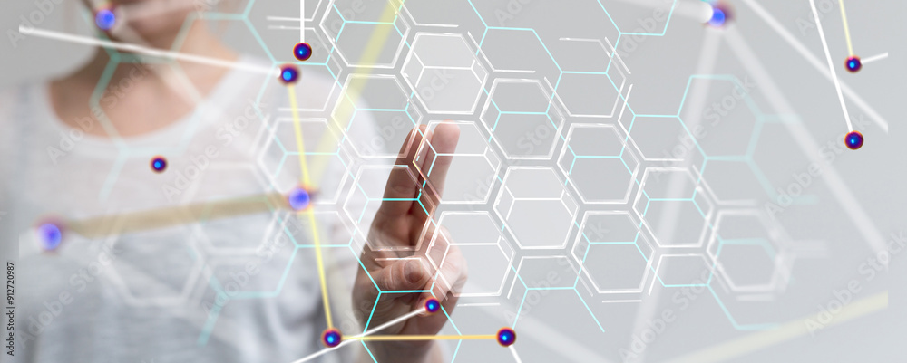 Aufkleber Global network. Blockchain. 3D illustration. Neural networks and artificial intelligence. Abstract