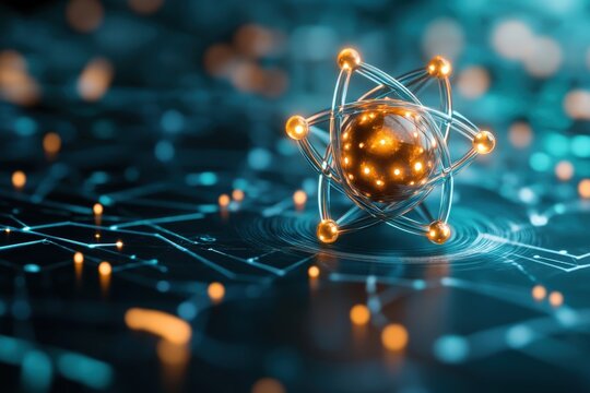 A stunning close-up of an atom model with glowing elements set against a dark, futuristic background.