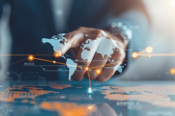 Businessman touching hologram of world map with data points