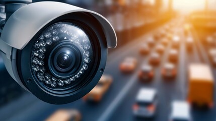 A security camera overlooking a busy highway with blurred traffic in the background.