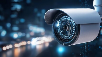 A security camera with a blurred city background. The camera is focused and ready to record. The image evokes a sense of security and surveillance.
