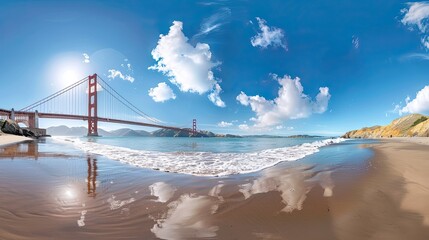 wide angle shot of golden gate bridge in San Francisco with cloud in the sky, bridge on the left side, water and beach on the right side 