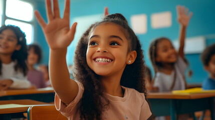 Joyful Children Classroom Learning Engaging Raising Hands Smiling Activity Education Interaction Diversity