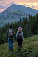 Obraz premium A young couple hiking in the mountains, carrying backpacks and wearing hats.