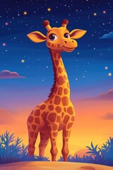Playful giraffe underneath a starry sky at dusk