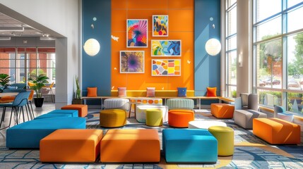 Modern study lounge with colorful furniture and digital displays