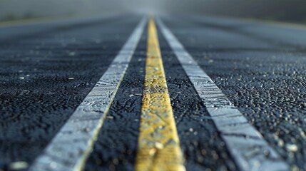 Yellow road marking lines on a wet asphalt road surface