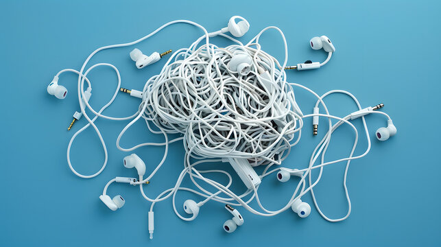 Pile of tangled earphones forming a brain shape. 