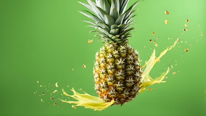 A pineapple is suspended in midair with a splash of yellow liquid surrounding it