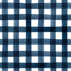 Hand painted illustration watercolor blue indigo stripes on white background. Checkered seamless pattern. Plaid material. For fabric, sketchbook, wallpaper, wrapping paper, bags, for cards, banner.