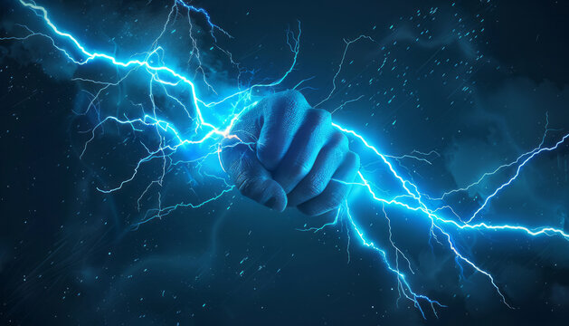 the hand of zeus holds lightning bolts in the sky