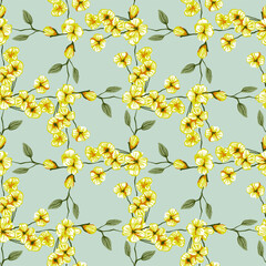 Yellow Flowers Twigs Checks Vector Seamless Pattern