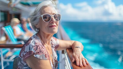 Elderly woman relaxing on a cruise ship's deck